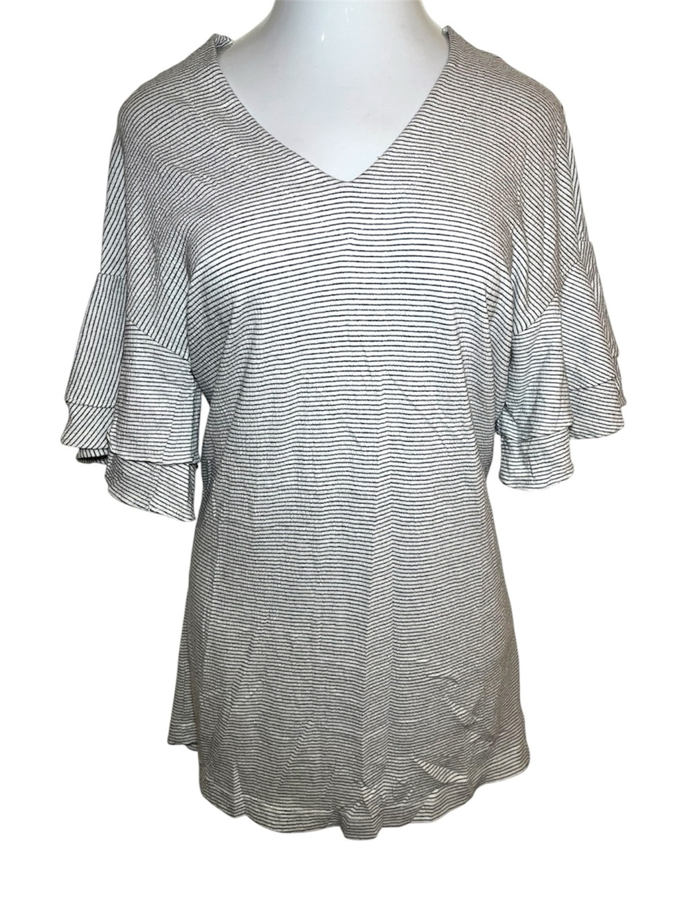 Lucky Brand Black & White Striped V-Neck Ruffle Sleeve Top